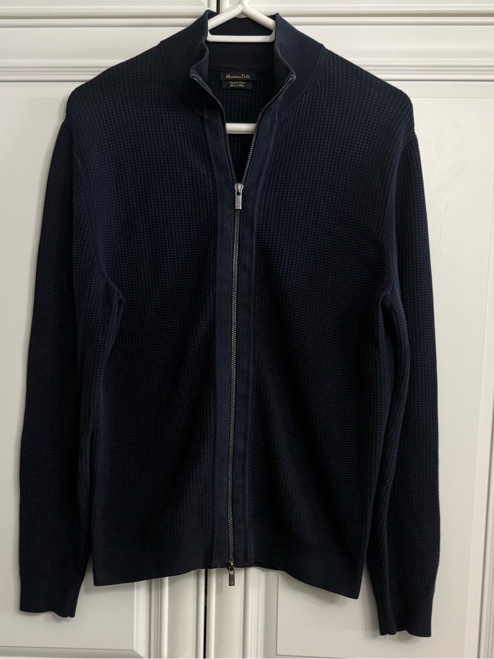 Massimo Dutti Navy Full-Zip Textured Extra Fine Cotton Knit Cardigan Sweater M
